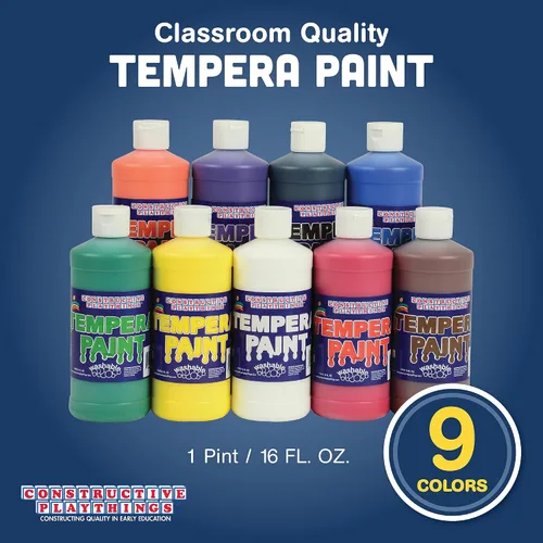 Vista 2 de Constructive Playthings Juego de 9 pintas de témpera de 9 colores para niños, juego de 9 pintas brillantes lavables para aulas y manualidades, Multi