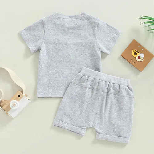 Vista 86 de Conjunto de traje de verano para bebé niño pequeño, manga corta, cuello redondo, letras impresas, lindo traje de verano, conjunto de 2 piezas