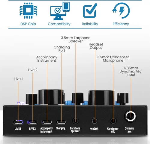 Vista 2 de Pyle PKSCRD208 - Mini interfaz de audio Bluetooth, mezclador de podcasts, transmisión en vivo para PC y iPhone, cambiador de voz V8 con 12 efectos