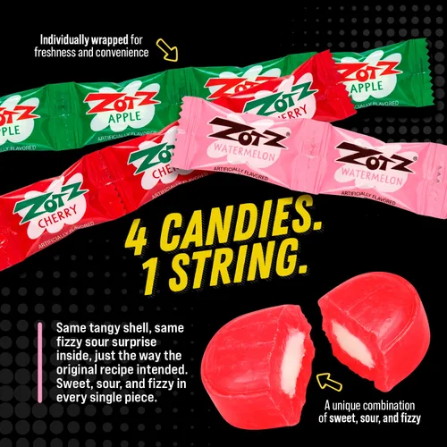 Vista 4 de Zotz Fizz Sour Candy - Cereza, sandía, manzana (caja de 48)