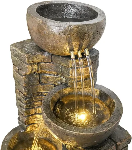 Vista 6 de Hamiedun Fuente de agua de 38.2 pulgadas de alto para exteriores, cuencos en cascada y piedras apiladas con luces LED, fuente de cascadas