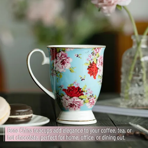 Vista 6 de BTT- Tazas de café grandes, 12 onzas, juego de 4, tazas florales para tazas de café, porcelana de porcelana, taza de té