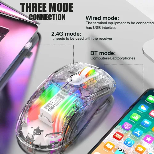 Vista 2 de Attoe Ratón inalámbrico Bluetooth, ratón mecánico RGB transparente para juegos de modo dual, un mouse USB imprescindible para computadora
