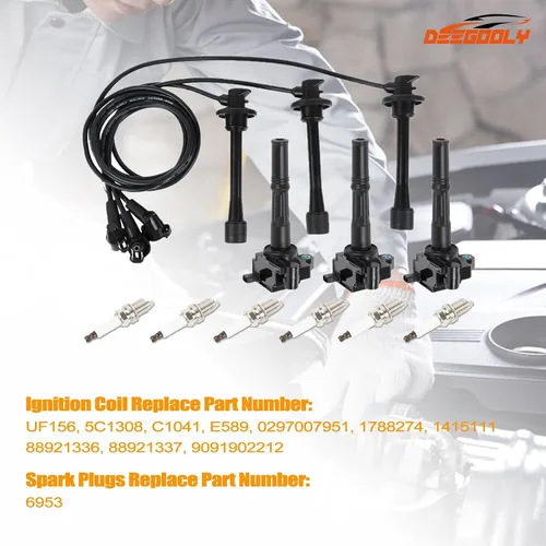 Vista 3 de Paquete de 3 bobinas de encendido UF156 y 6 bujías de iridio y 3 cables de bujía compatibles con Toyota 4Runner T100 Tacoma Tundra 1995-2004 3.4L