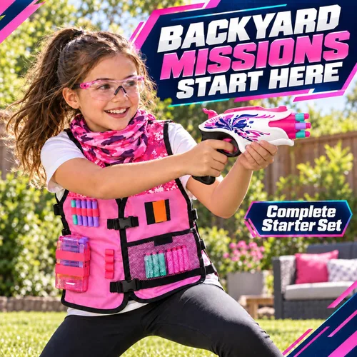 Vista 3 de Set de chaleco táctico rosa para niñas con pistola para Nerf Rebelle y N-Strike Elite Series con 30 dardos de recarga, clip de recarga rápida