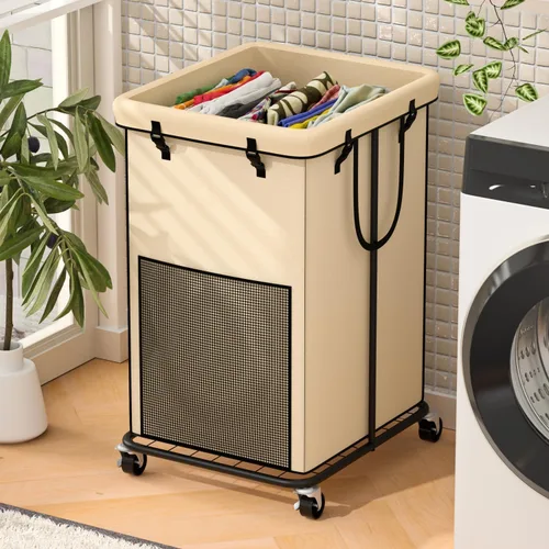 Vista 11 de Cestos grandes para la ropa sucia con tapa, cestas de tela Oxford, marco de metal y diseño de bolsa extraíble con ruedas, adecuadas para dormitorio