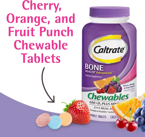 Vista 2 de Caltrate Chewables 600 Plus D3 Plus Minerals Suplemento de vitamina D de calcio, cereza, naranja y fruta, 90