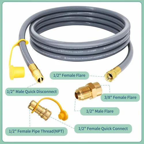 Vista 3 de Manguera de Gas Natural Mejorada de 12 Pies y 1/2 Pulgada con Conexión Rápida para RV, Línea de Gas para Parrilla Exterior con Accesorios