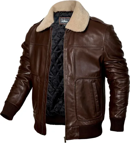 Vista 7 de STREGA Chaqueta de cuero para hombre, chaqueta bomber de piel de cordero genuina para hombre, color marrón con cuello Sherpa extraíble, chaqueta