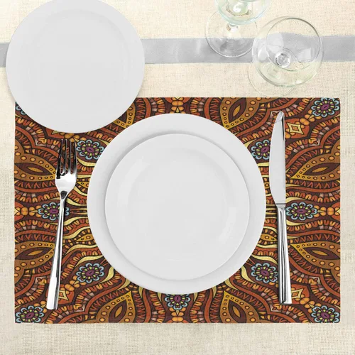Vista 3 de Ambesonne Juego de 4 manteles individuales étnicos, diseño de mosaico de colores cálidos con estampado de remolinos florales, manteles individuales