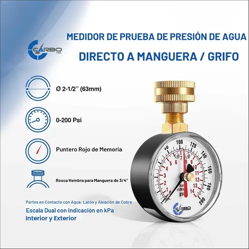Vista 2 de Medidor de prueba de presión de agua de 2-1/2 pulgadas, 0-200 PSI, puntero máximo rojo, rosca de manguera hembra de 3/4 pulgadas, funda resistente a