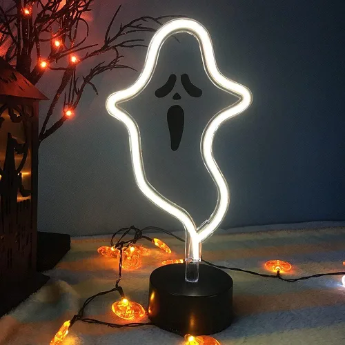 Vista 8 de Letrero de neón con forma de murciélago morado, luz de murciélago espeluznante de Halloween con patrón, lampara decorativa de mesa