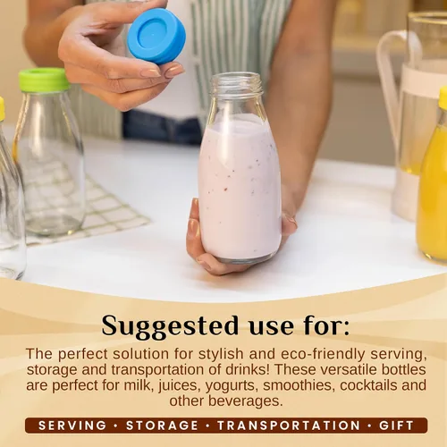 Vista 6 de Botellas de leche de vidrio de 10 onzas con tapas y popotes (paquete de 9) pequeños vasos herméticos con tapas, botellas reutilizables para jugos