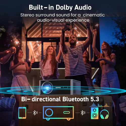 Vista 5 de [Aplicaciones integradas] Proyector inteligente con WiFi y Bluetooth, proyector de películas para exteriores SOPYOU 4K decodifica un máximo de 450