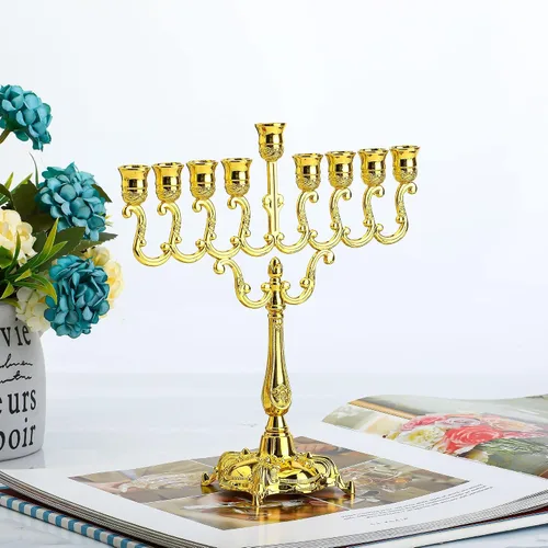 Vista 5 de YU FENG 7" 9 Branch Hanukkah Menorah, Gold Plated Candle Holder Menorá judía para Janucá, portavelas de Shabat, decoración tradicional navideña Oro