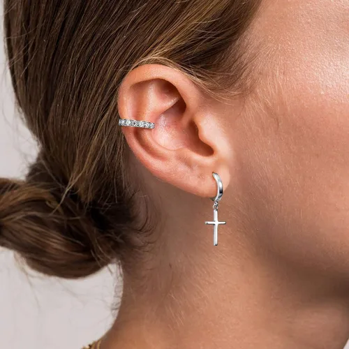 Vista 3 de Aretes de cruz de plata de ley 925, delicados aretes de aro para mujeres y hombres