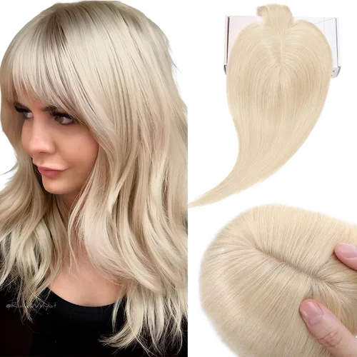 Vista 13 de Elailite Pelucas para mujeres con flequillo, cabello humano real, topper con cabello delgado, 13 cm x 7 cm, base de seda, clip en piezas de cabello