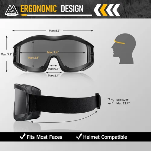 Vista 6 de Airsoft Goggles Anti Fog, Tactical Safety Goggles Z87.1 + Rating Negro