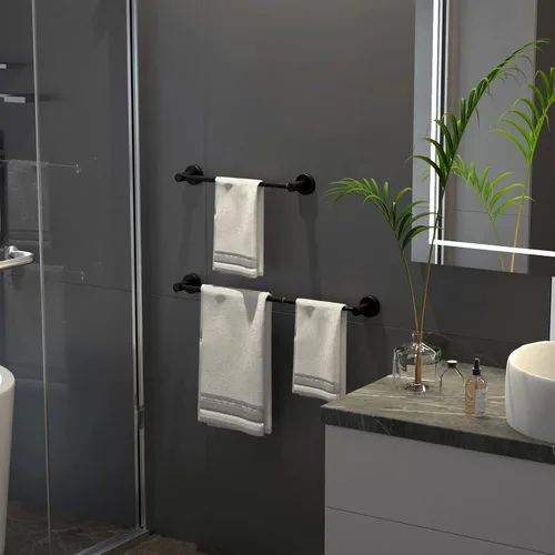 Vista 6 de Toallero de baño ajustable negro mate de 16 a 27.6 pulgadas, toallero individual de acero inoxidable 304, soporte para toallas montado en la pared
