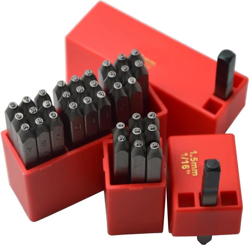 Vista 50 de Juego de 27 sellos de acero resistente con letras mayúsculas de 3/64" 1mm, kit de punzones de alfabeto para estampado a mano de caracteres, código
