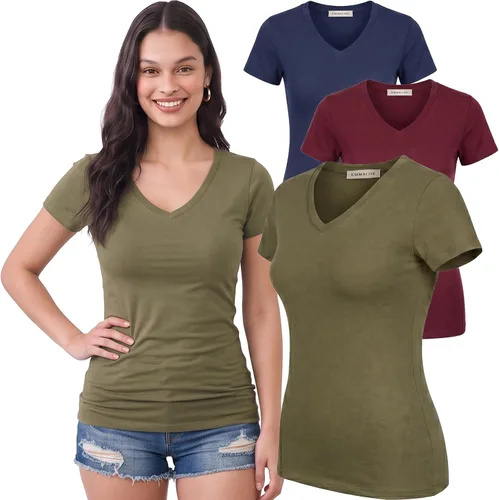 Vista 112 de Emmalise Camiseta de manga corta para mujer, cuello en V, tallas junior y plus