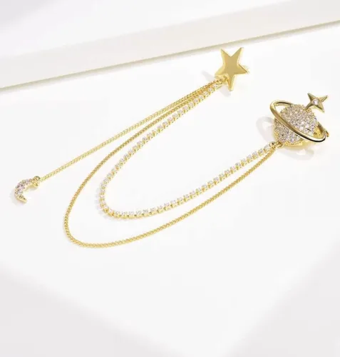 Vista 8 de Broche de estrella de planeta de moda, circonita cúbica con borla de cristal, cadena de luna creciente, clip para abrigo, traje, ramillete, broches