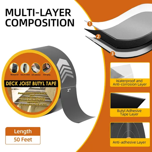 Vista 2 de Butyl Joist Tape for Decking 2''×50', 2 Rolls Waterproof Deck Tape Joist Tape, Waterproof and Anti-Corrosion Joists Deck Tape, Self Adhesive