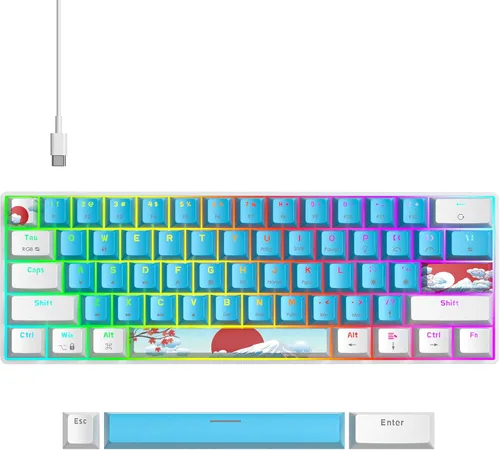 Vista 19 de Protable - Teclado mecánico para juegos al 60%, mini compacto RGB retroiluminado 61 teclas, teclado de oficina con cable con interruptor rojo