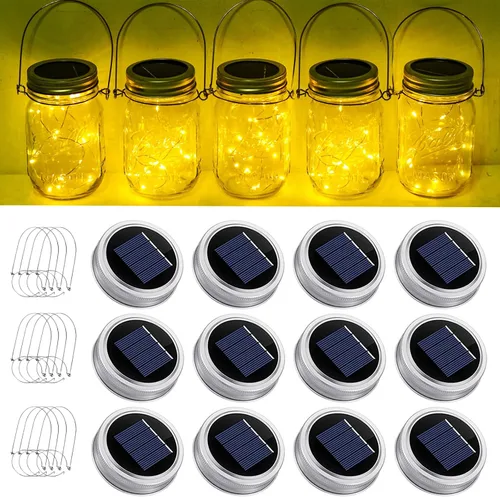 Vista 8 de SmilingTown Guirnalda de luces solares para tarros de masón, paquete de 12 unidades, 30 luces LED de luciérnaga con 12 perchas impermeables