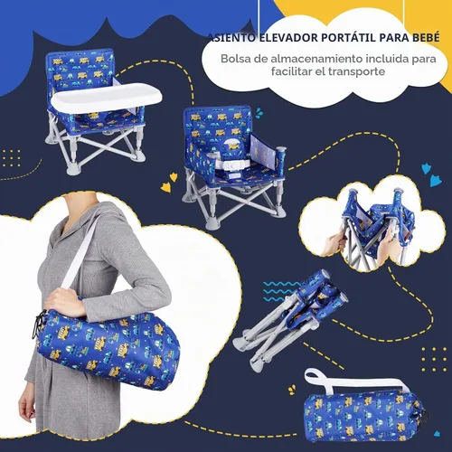 Vista 3 de Silla de bebé portátil, asiento elevador plegable con bandeja para mesa de comedor, silla de camping compacta para césped, playa, viajes, bebés de 6