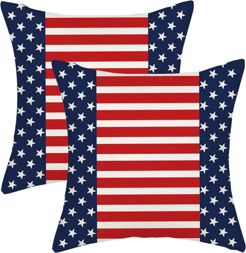 Vista 8 de Juego de 2 fundas de almohada para el 4 de julio, 16 x 16 pulgadas, Día de la Independencia, Día de los Caídos, decoración al aire libre, almohadas