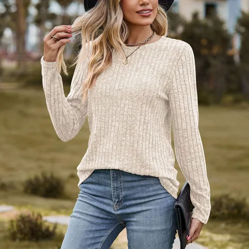 Vista 5 de Camiseta de manga larga con cuello redondo y rayas esmeriladas de color sólido para mujer, a la moda