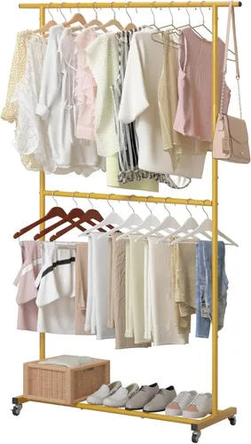 Vista 10 de Sywhitta Perchero de Ropa de Doble Barra Rodante, Organizador de Ropa con Ruedas para Colgar Ropa, Fácil de Ensamblar, Ajustable, Negro