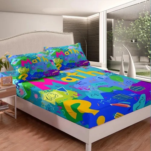 Vista 2 de Juego de ropa de cama ajustable con fórmula informática para niños y niños, diseño de geometría de acuarela, números, fórmula matemática, juego