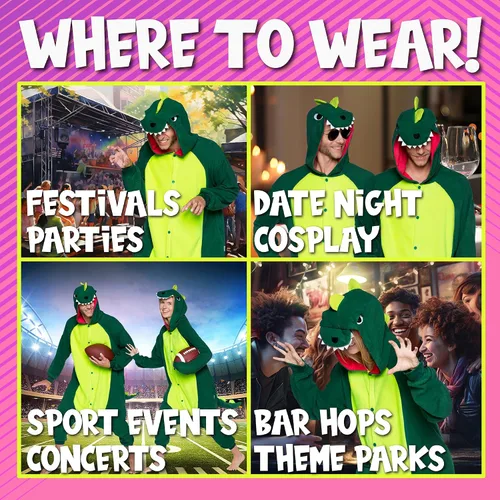 Vista 4 de Funziez! Mameluco de dinosaurio para adultos, disfraz de Halloween T-Rex, traje de cosplay de una pieza de dinosaurio de felpa para adultos, mujeres