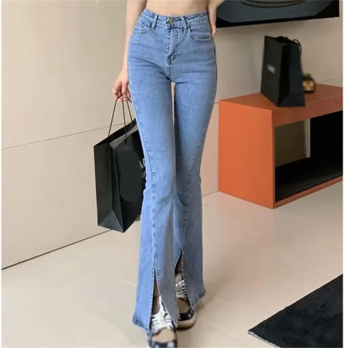 Vista 2 de ygqzm Pantalones de mezclilla elásticos azules para mujer, de pierna ancha, cintura alta, con abertura, elásticos, acampanados, color azul, talla XL