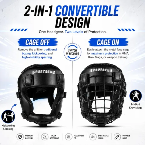 Vista 4 de Casco de boxeo con rejilla extraíble para la cara, protector de piel Maya MMA para Sparring, Muay Thai, Kickboxing y Karate, antideslizante, casco