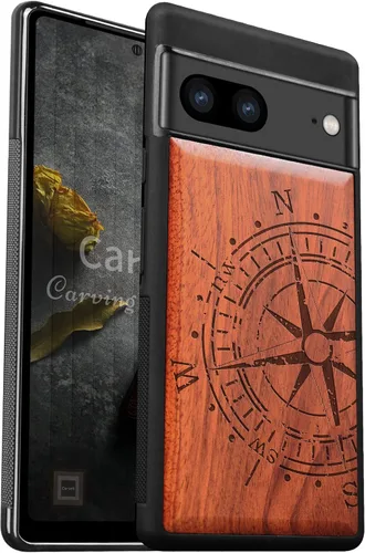 Vista 8 de Carveit Funda de madera para Google Pixel 7 Pro [madera natural y TPU negro] a prueba de golpes (negro madera, brújula vintage) Google Pixel 7 Pro