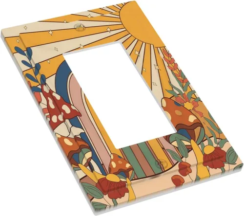 Vista 3 de Cubierta de Interruptor de Luz de Estilo Boho Vintage de los 70 Sol Arcoíris Champiñón Floral Rocker Individual 1 Gang Cubierta de Enchufe
