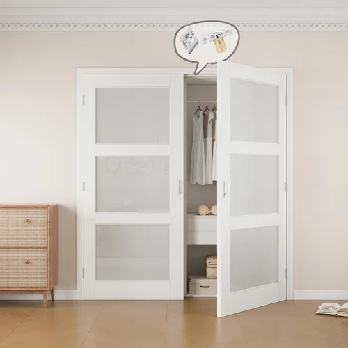 Vista 18 de Puertas francesas con cierre de bola de 36 x 80 pulgadas, 3 paneles de vidrio esmerilado de núcleo sólido preacabadas y pintables puertas dobles