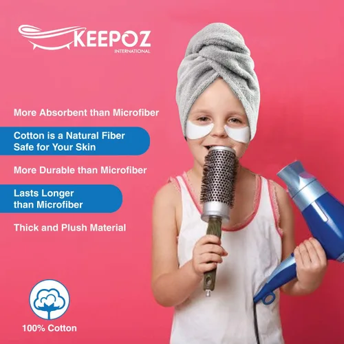 Vista 6 de KEEPOZ Toalla para el cabello de secado rápido, 100% algodón, súper absorbente, turbante para la cabeza para mujeres con botón, productos