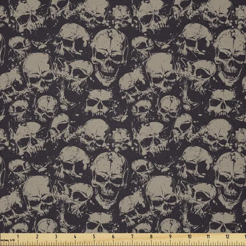 Vista 27 de Ambesonne The Yard, tela de calavera colorida con temática de Halloween, diseño de calavera y huesos cruzados, divertido estampado de dibujos