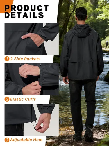 Vista 5 de Chaqueta impermeable para hombre, rompevientos, ciclismo, correr, senderismo, golf, viajes, capucha, ligera, plegable