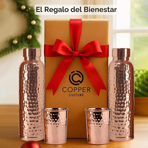 Vista 8 de Juego de 2 botellas de agua de cobre con vasos, botellas de cobre puro con acabado martillado de 34 onzas con vasos para beber, recipiente a prueba