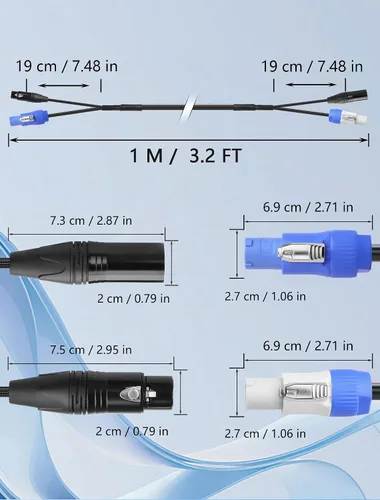Vista 6 de CERRXIAN Cable de extensión PowerCon y DMX de 3.2 pies, alimentación de CA de 13 AWG, DMX 3 pines, cables combinados de señal XLR para iluminación