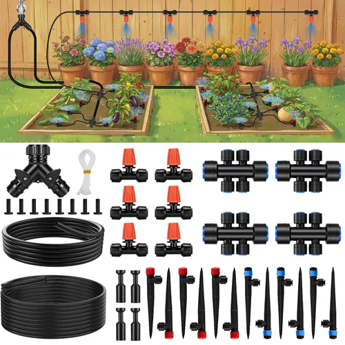 Vista 10 de Kit de sistema de riego por goteo ajustable de 360° de 100 pies, tubo de polietileno de 1/4 de pulgada con 20 boquillas flexibles, sistema