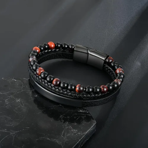 Vista 5 de Pulsera de cuentas de piedra volcánica de piedra volcánica de ónix negro y ojo de tigre mate para hombre, pulsera de cuero trenzado negro para hombre