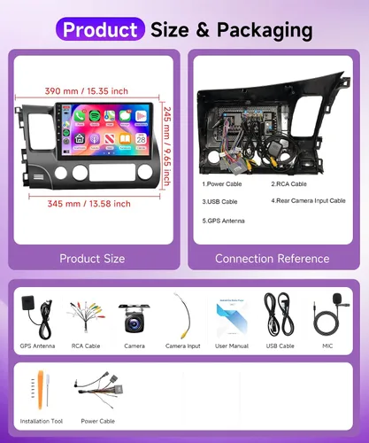 Vista 7 de Android 15 Rimoody de 10.1 pulgadas para Honda Civic 2006-2011 Android Car Stereo, CarPlay inalámbrico y Android Auto, WiFi GPS de 5 GHz, pantalla