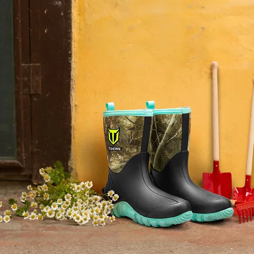 Vista 7 de TIDEWE Botas de goma para mujer, botas de lluvia aisladas de neopreno de 0.217in con vástago de acero, botas de caza impermeables de media