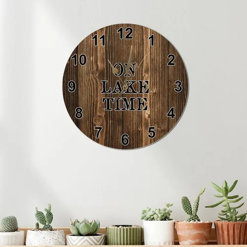 Vista 3 de On Lake Time - Reloj de pared de grano de madera marrón, reloj redondo de 12 pulgadas, funciona con pilas, sin tictac, con texto en inglés "She